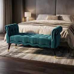 Banc en tissu Paris 120 x 40 x 60 cm (Bleu sarcelle - Noir etDoré)