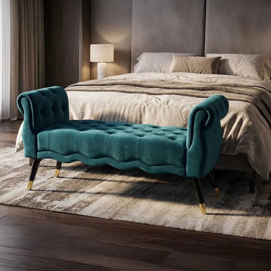 Banc en tissu Paris 120 x 40 x 60 cm (Bleu sarcelle - Noir etDoré)