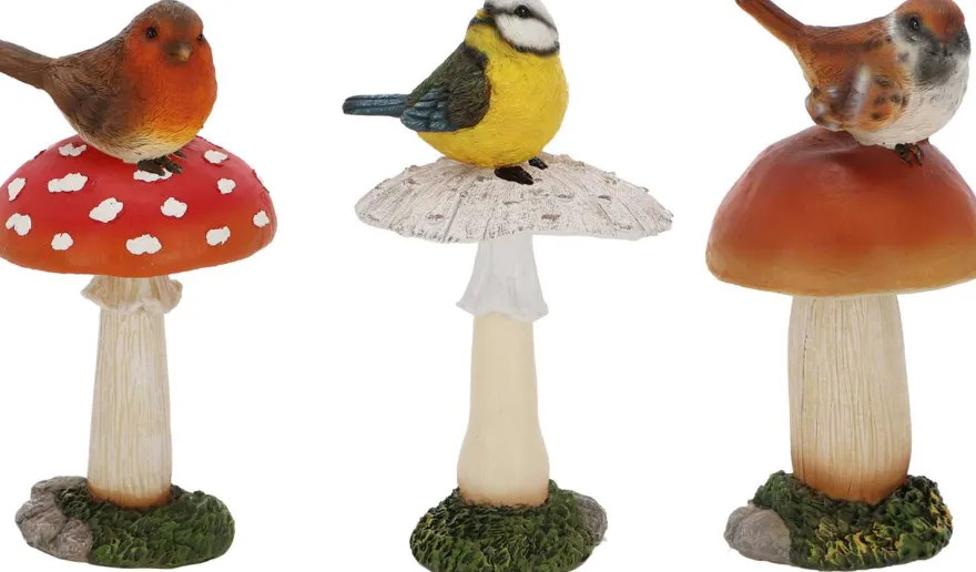 Champignons assortis avec oiseau en polyrésine (Lot de 3) (Taille L)