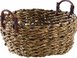 Corbeille ronde en jonc avec anses en cuir (14 cm)
