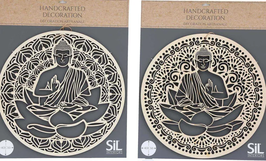 Décoration murale ronde Bouddha 40 cm en bois sculpté
