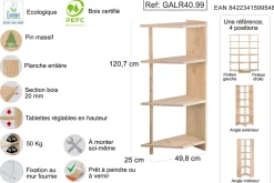 Etagère d'angle en pin brut Gala (4 tablettes)