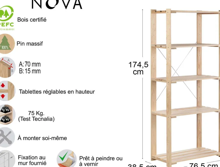 Etagère en pin massif Nova (76.5 x 38.5 x 174.5 cm)