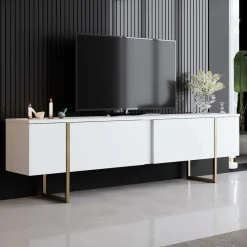 Meuble TV en aggloméré et métal Luxe (Blanc + doré)