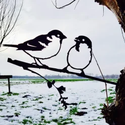 Oiseaux sur pique couple de moineaux en acier corten (Hauteur 14cm)
