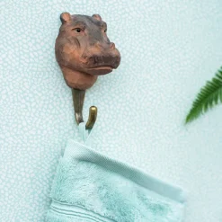 Patère animal en bois sculpté à la main et métal (Hippopotame)