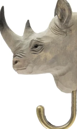 Patère animal en bois sculpté à la main et métal (Rhinocéros)