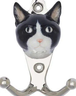 Patère animal en porcelaine 2 crochets (Tête de chat noir et blanc)