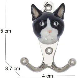 Patère animal en porcelaine 2 crochets (Tête de chat noir et blanc)