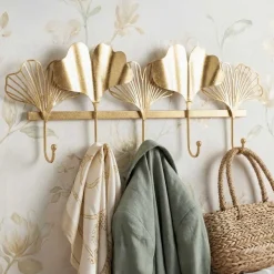 Patère murale en métal doré Leaves (5 crochets)