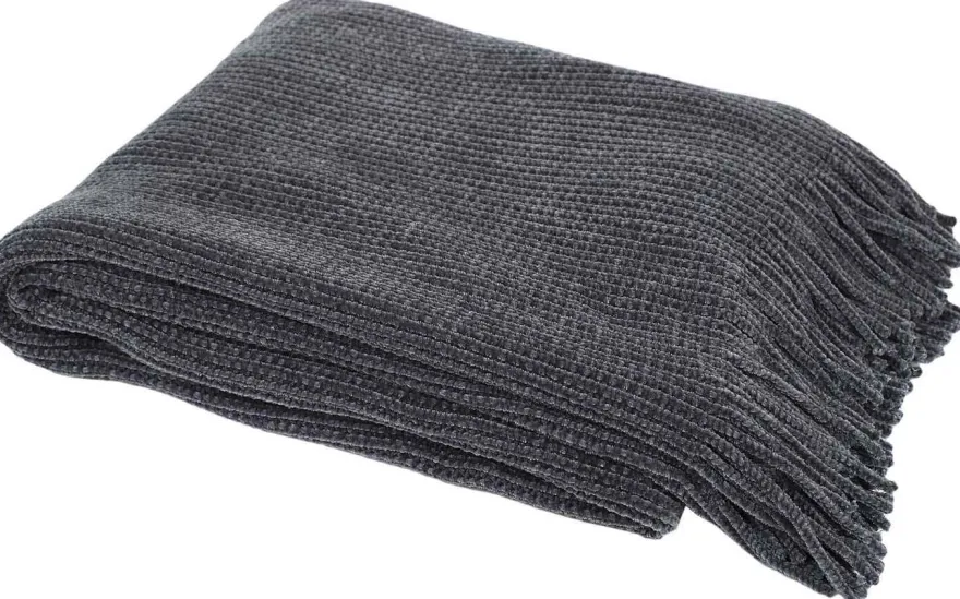 Plaid chenille en polyester avec franges 120 x 150 cm (Gris)