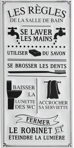 Plaque décorative en métal Règles de la salle de bain 30x60 cm