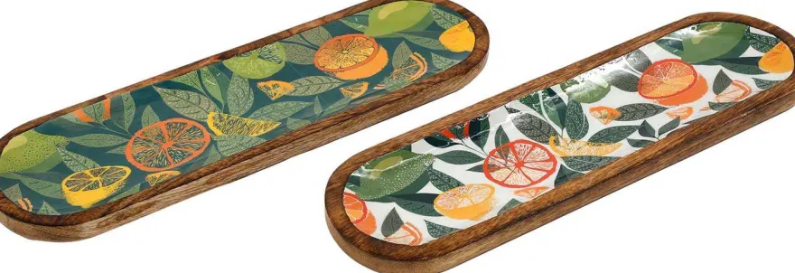Plateau en manguier et émail Agrumes (Lot de 2)