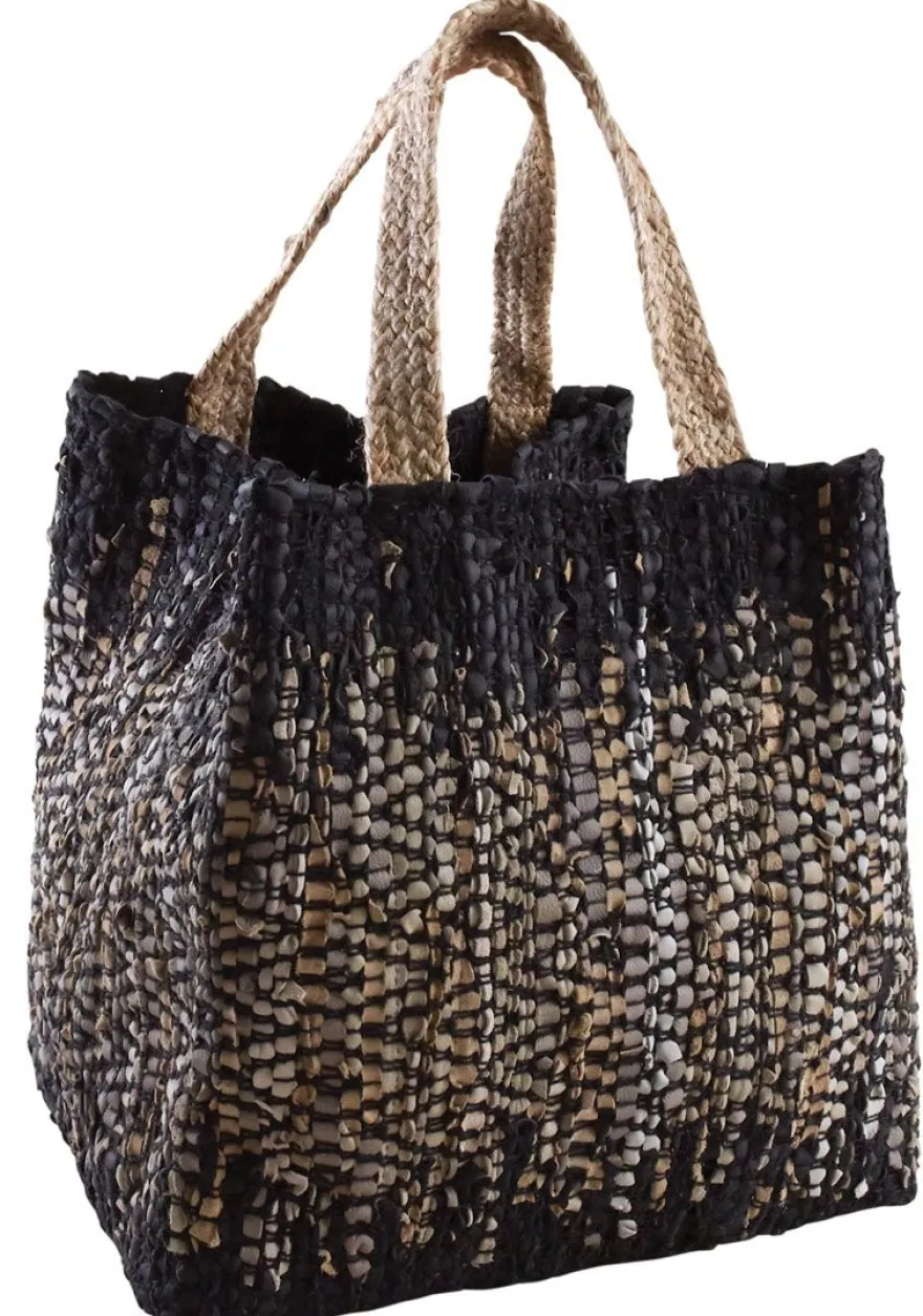 Sac de rangement en jute et cuir (Noir)