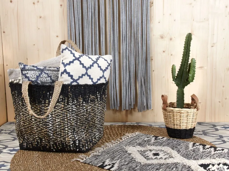 Sac de rangement en jute et cuir (Noir)