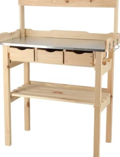 Table à rempoter en pin avec plateau zinc (3 tiroirs + étagère supérieure)