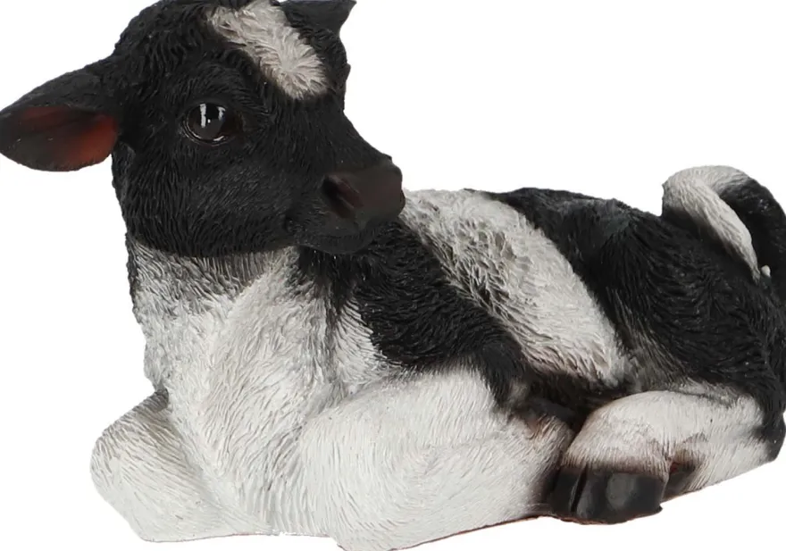 Veau noir et blanc couché en résine (Petit modèle)